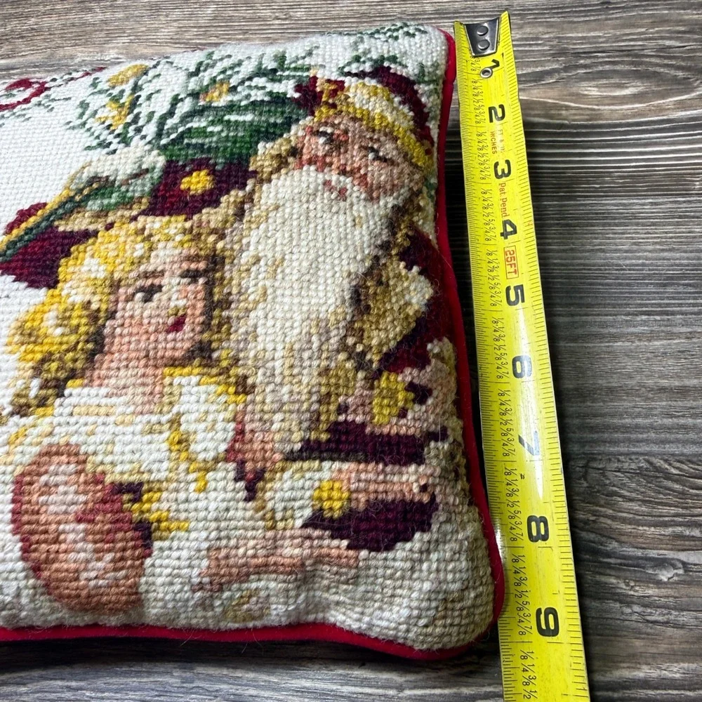 Vintage Needlepoint Christmas Pillow Santa and Girl Red Velvet Back 9x9.5